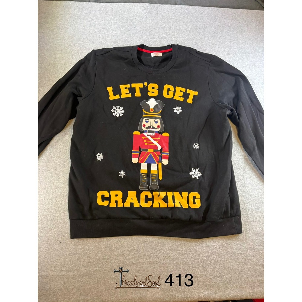 Holiday Time Mens 2XL Light Up Nutcracker Sweatshirt Lets Get Cracking Black